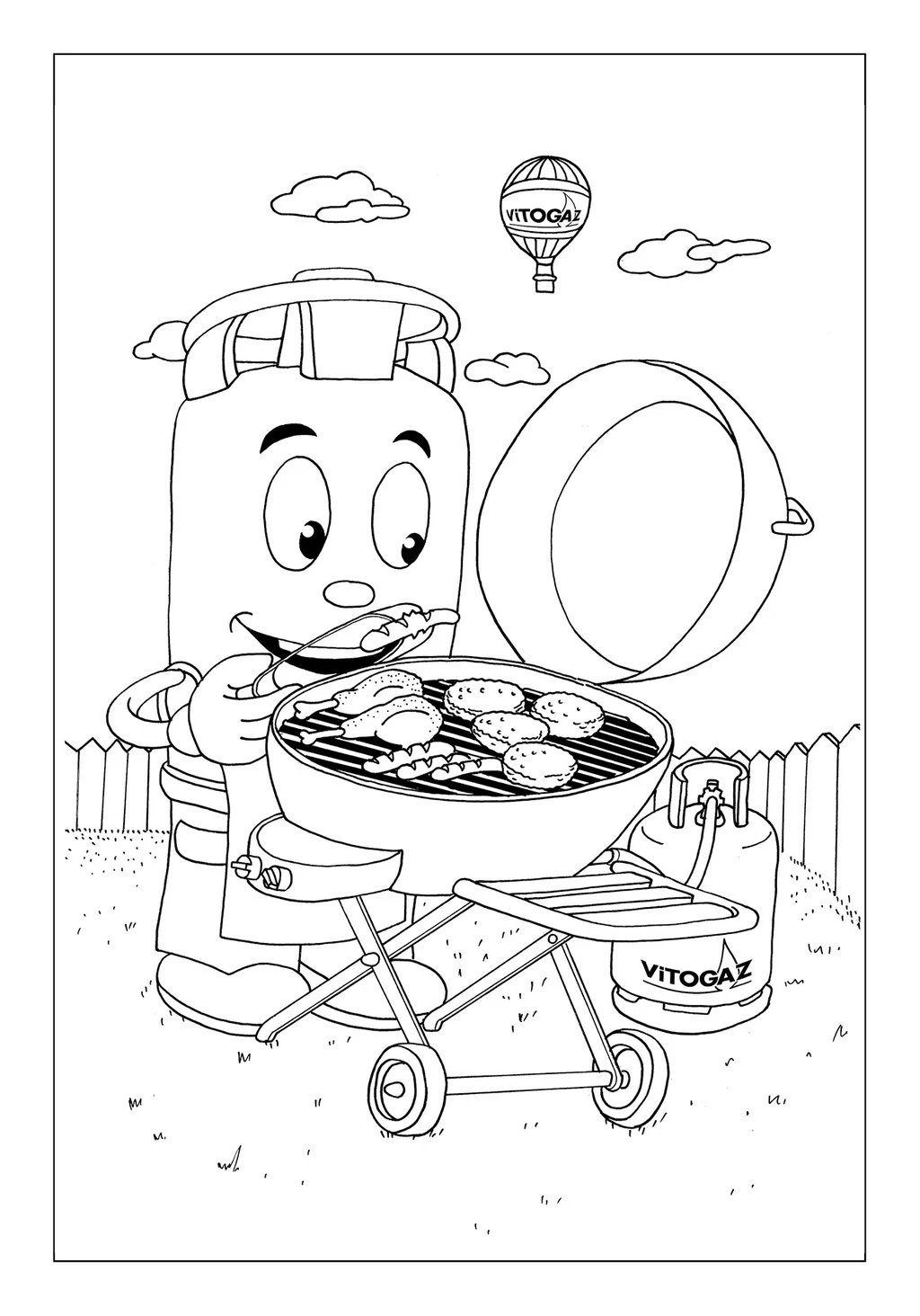 Vitogaz Kinder-Malbuch: Idee Zeichnung und Illustration: beim Fleisch grillen
