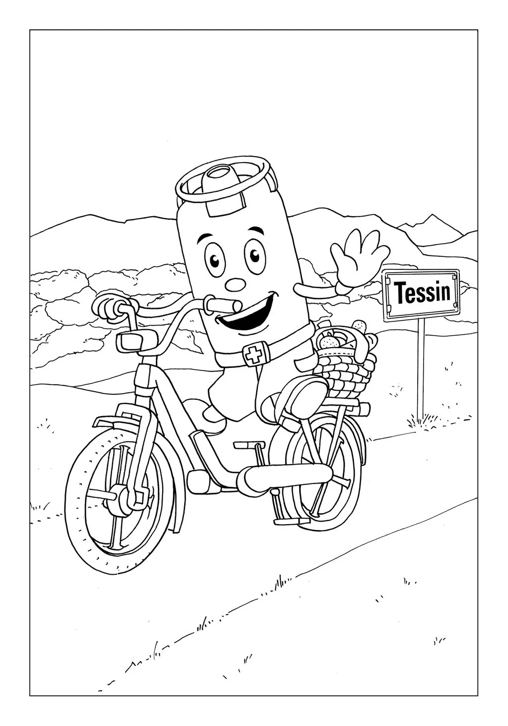 Vitogaz Kinder-Malbuch: Idee Zeichnung und Illustration: auf dem Mofa (Piaggio Ciao) im Tessin