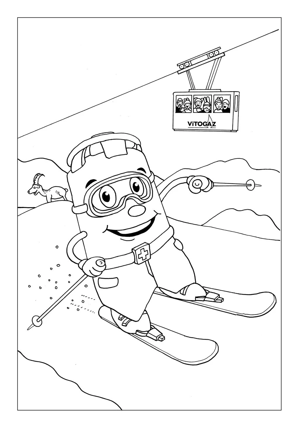 Vitogaz Kinder-Malbuch: Idee Zeichnung und Illustration: beim Ski-Fahren in den Bergen. In Hintergrund eine Seilbahn