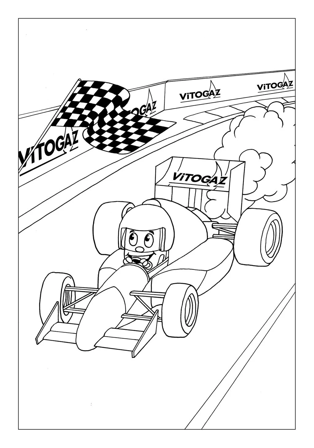 Vitogaz Kinder-Malbuch: Idee Zeichnung und Illustration: auf der Rennstrecke im Formel 1 Rennwagen