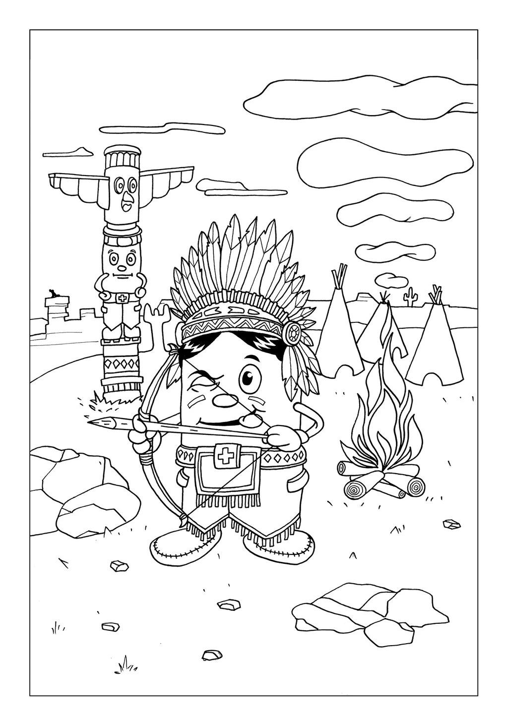 Vitogaz Kinder-Malbuch: Idee Zeichnung und Illustration: als Indianer Bogenschütze vor dem Totempfal im Wilden Westen