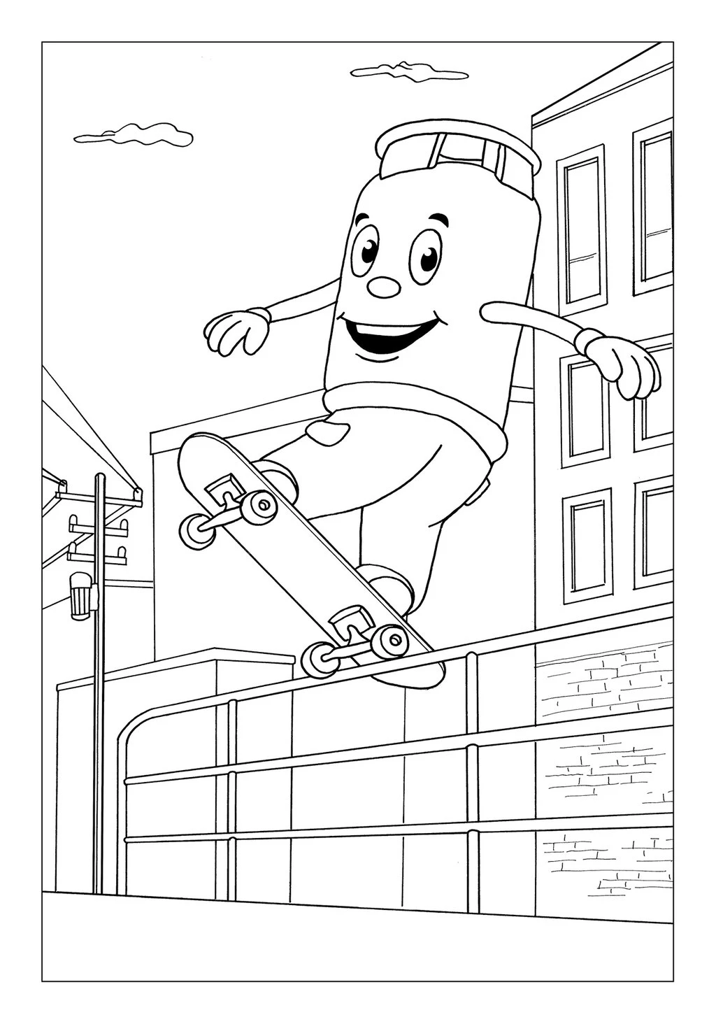 Vitogaz Kinder-Malbuch: Idee Zeichnung und Illustration: beim Skaten (Rollbrett fahren) mit urbaner Umgebung