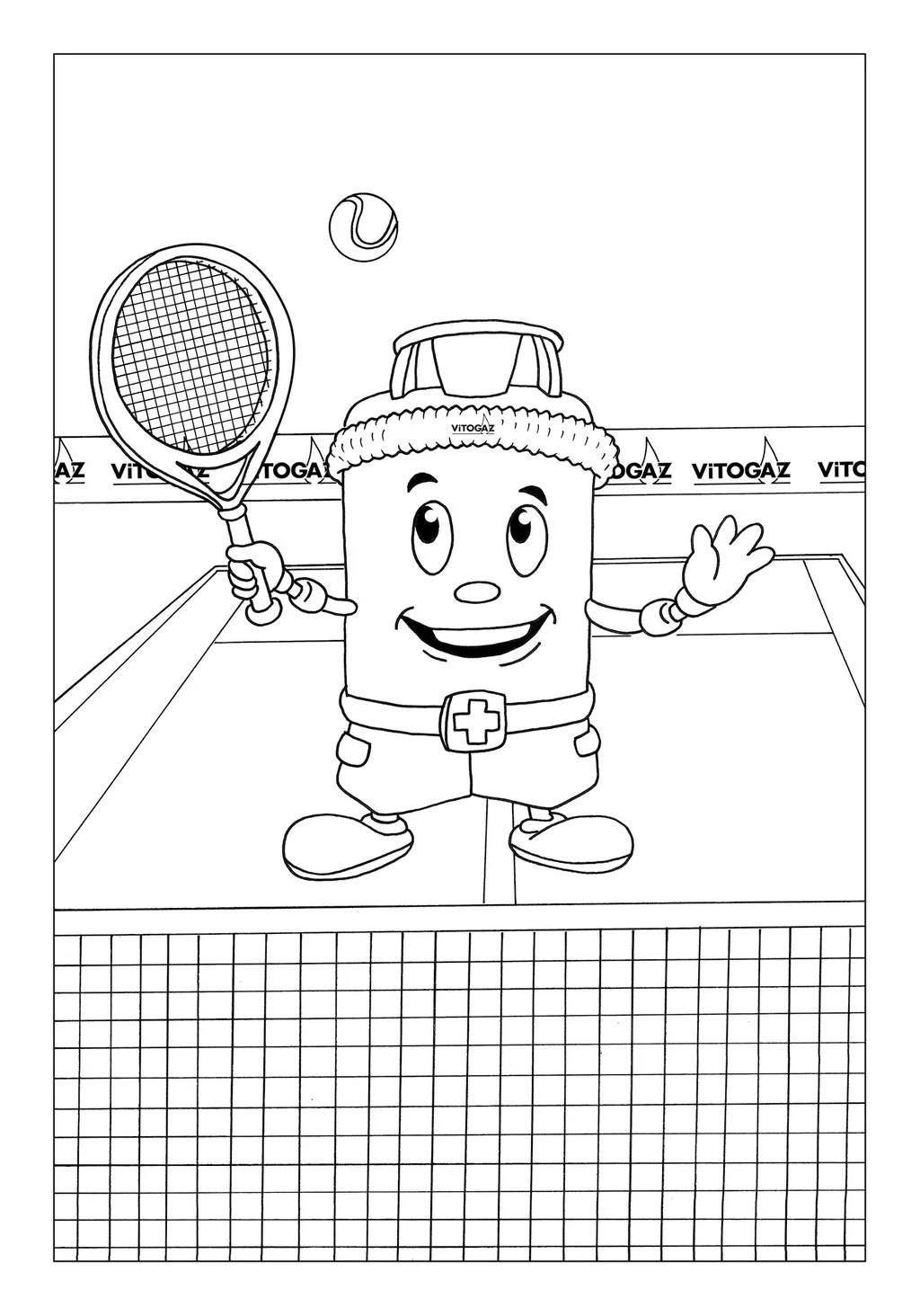 Vitogaz Kinder-Malbuch: Idee Zeichnung und Illustration: mit Schweissband und Schläger beim Tennisspielen