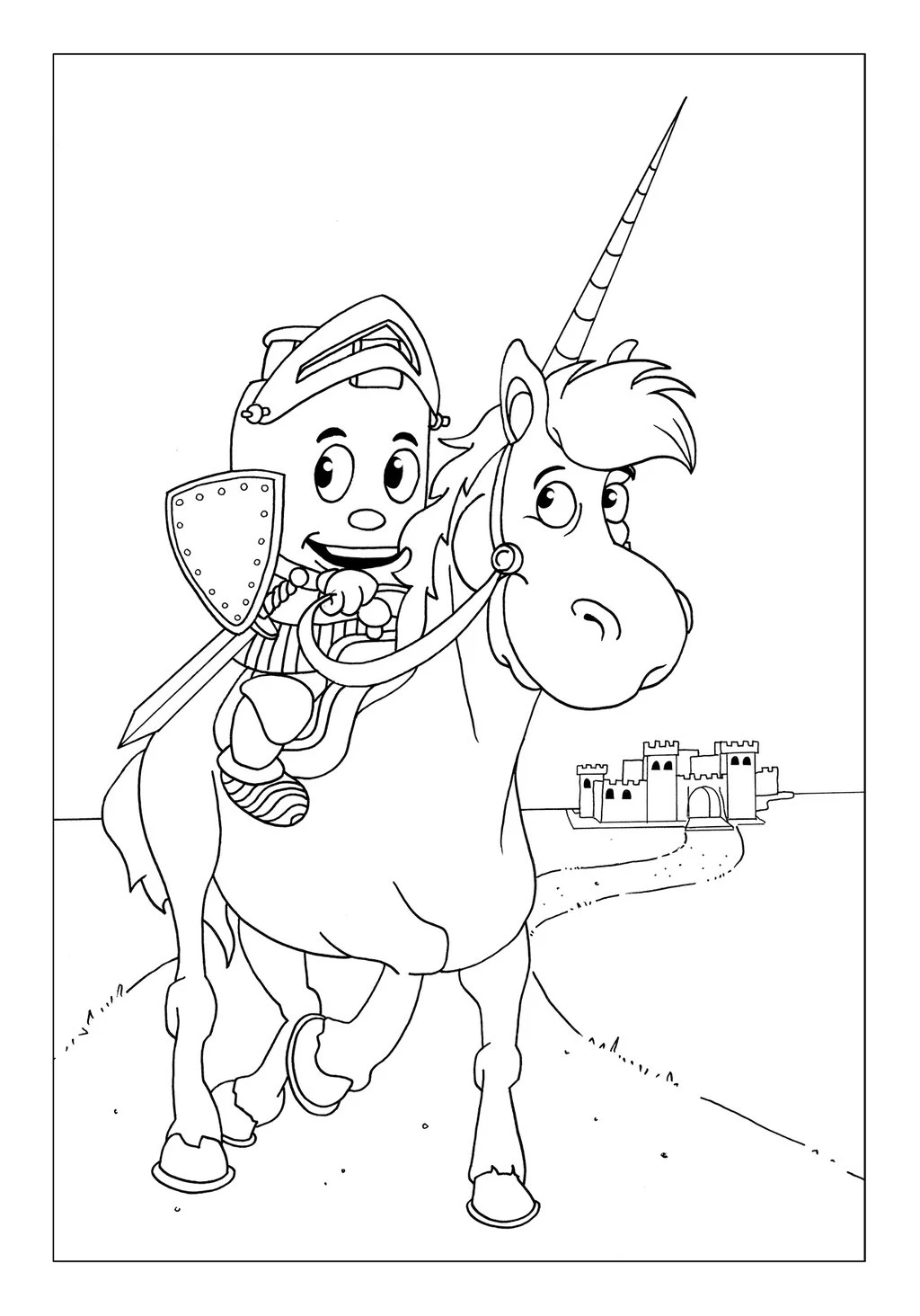Vitogaz Kinder-Malbuch: Idee Zeichnung und Illustration: im Mittelalter als Ritter auf dem Pferd vor der Burg