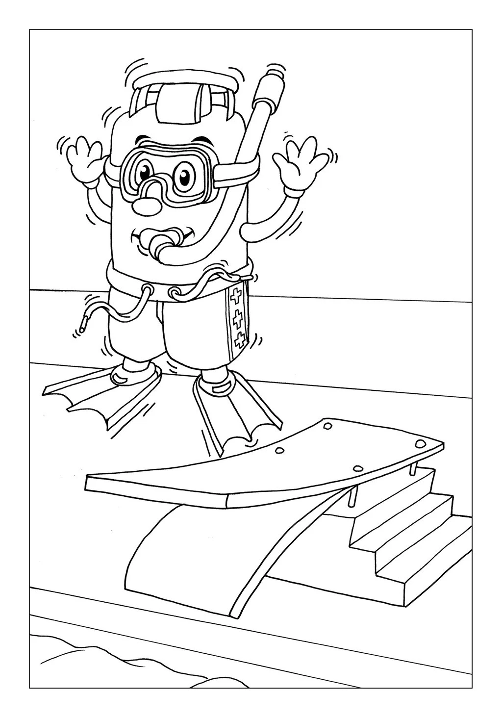 Vitogaz Kinder-Malbuch: Idee Zeichnung und Illustration: mit Taucher-Brille auf dem Sprungbrett im Freibad