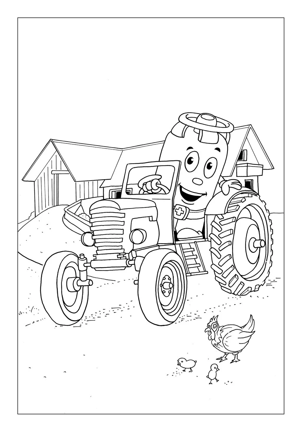 Vitogaz Kinder-Malbuch: Idee Zeichnung und Illustration: auf dem Traktor vor dem Bauernhof