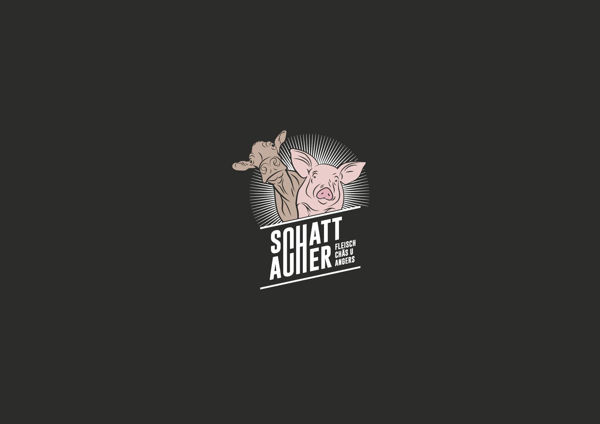 Bild- und Schriftzeichen vom Bauernhof Schattacher. Das Logo Design zeigt eine fröhliche Kuh und eine glückliche Sau | Typography and Graphicdesign: Created by Lockedesign, Bern