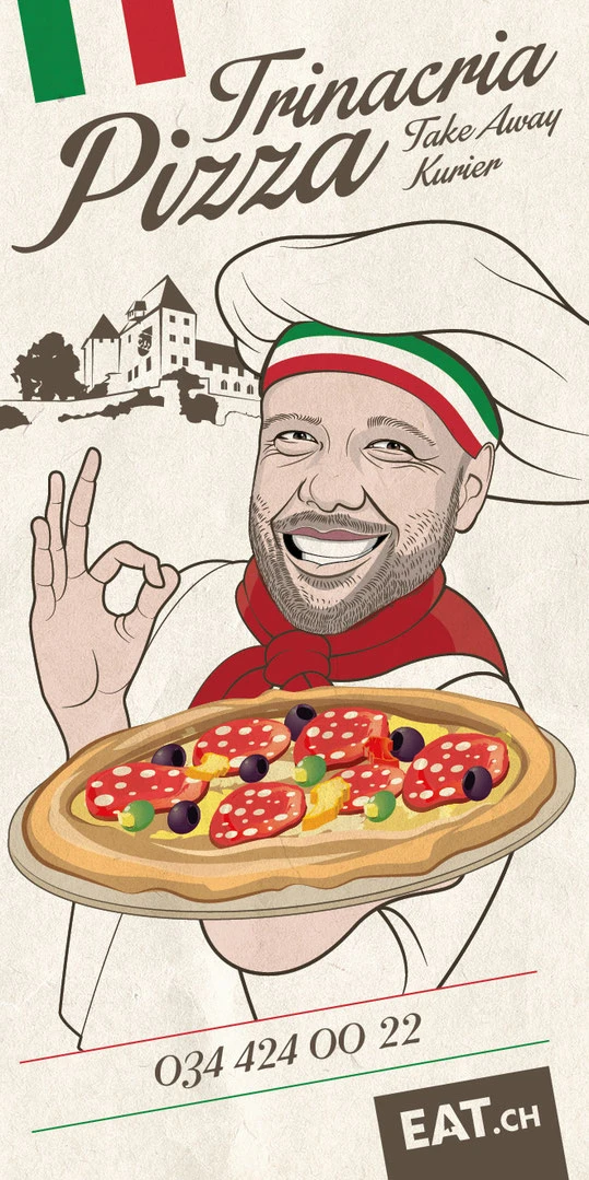 Trinacria Pizza Burgdorf: Illustration und Prospektgestaltung | Illustartion und Layout Prospekt by lockedesign.ch 2017