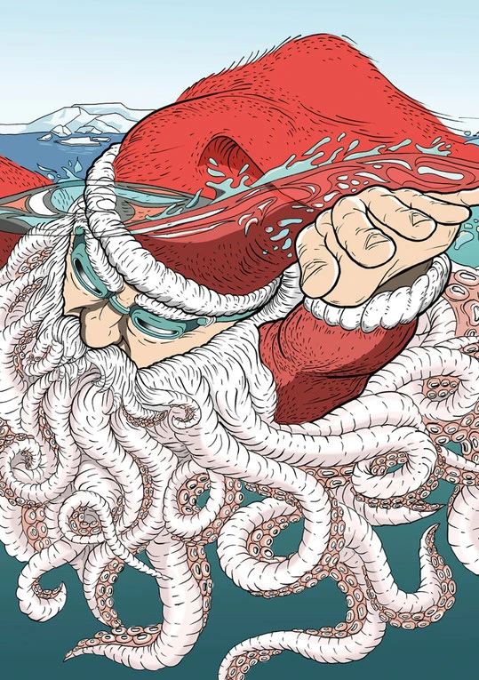 Christmas Illustration: Swimming Santaclaus 2017 | Design by Lockedesign.ch 2017 (Einzigartige, von Hand gezeichnete Illustration)