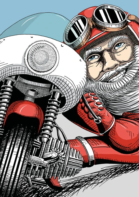 Lustiger motoradfahrender Weihnachtsmann. Illustriert mit Bleistift und Tusche von Lockedesign, Bern