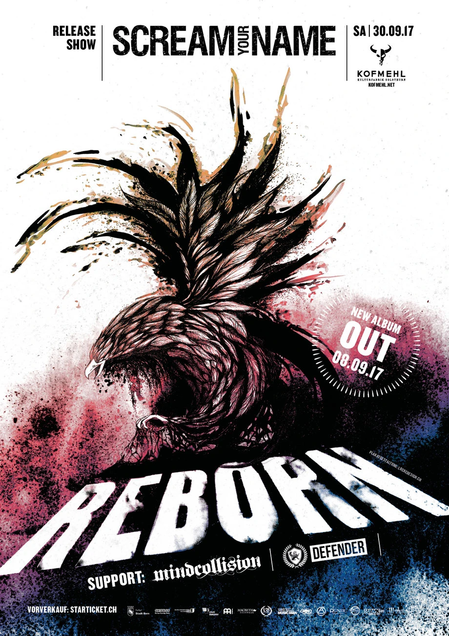 Scream your Name "Reborn": Grafik, Layout und Illustration by Lockedesign Burgdorf: Konzert Plakat für Platten Taufe / Release Show 