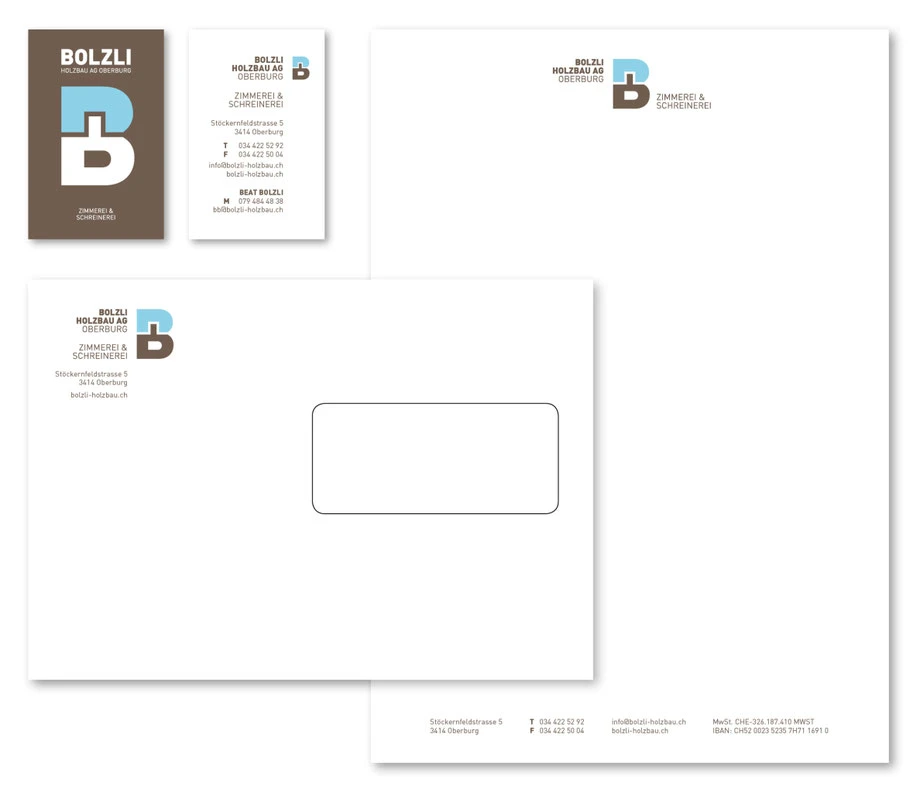 Bolzli Holzbau AG Oberburg: Entwicklung Logo by Lockedesign, Burgdorf: Visitenkarte, Kuvert und Geschäftsbrief, Gestaltung Druck T-shirt