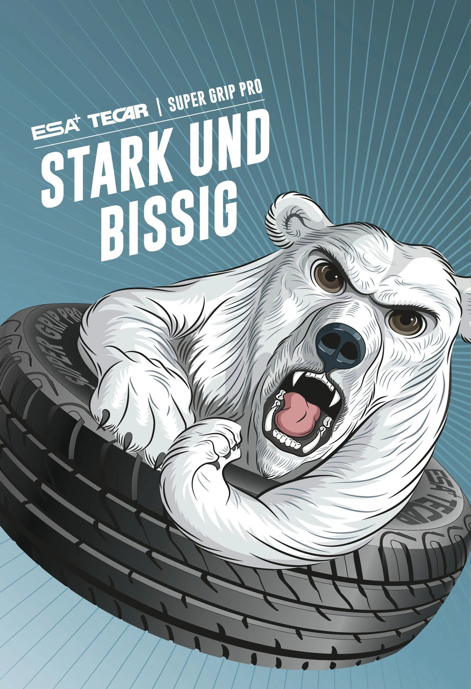 ESA Tecar Kampagne Sommerreifen: Tigerschnauze und Zähne, Vektor Zeichnung Illustrator CC |n Konzept, Idee und Illustration Werbekampagne by Lockedesign Bern |