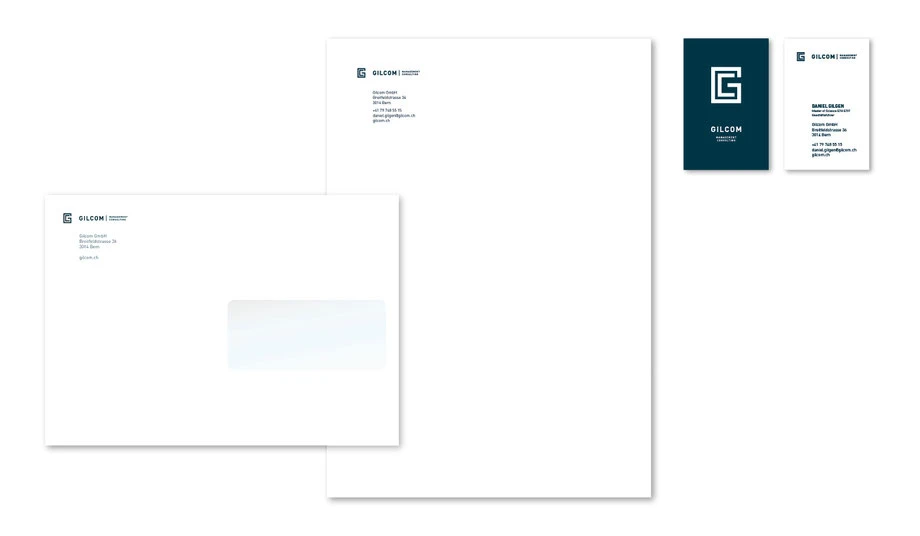 Gilcom GmbH Bern: Entwicklung Logo: Schrift- und Bildzeichen, Visitenkarten, Briefpapier, Couvert