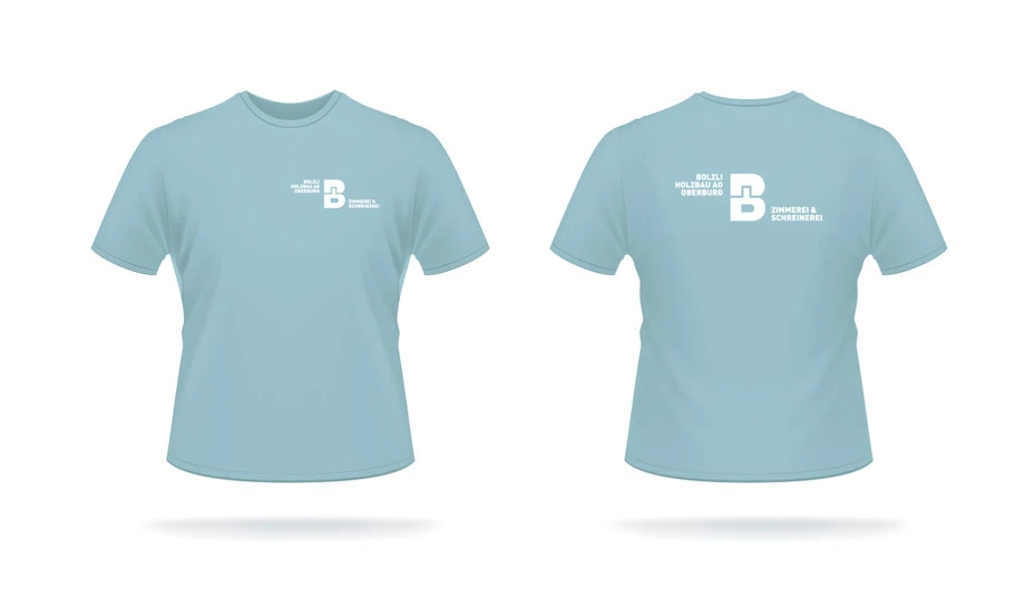 Bolzli Holzbau AG Oberburg: Entwicklung Logo by Lockedesign, Burgdorf: Visitenkarte, Kuvert und Geschäftsbrief, Gestaltung Druck T-shirt
