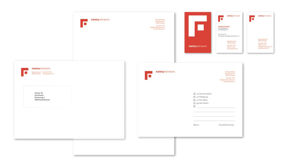 Branding Familynetwork Grafik/Layout Visitenkarten, Kuvert C5 und Geschäftspapier A4 by Lockedesign, Burgdorf