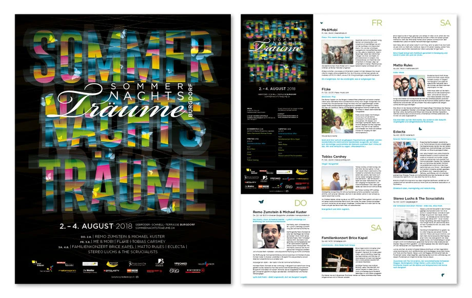 Branding: Entwicklung Corporate Design by Lockedesign, Burgdorf bei Bern: Sommernachtsträume: Layout Faltprospekt Programm Plakat, Grafik, Typografie für Veranstaltung