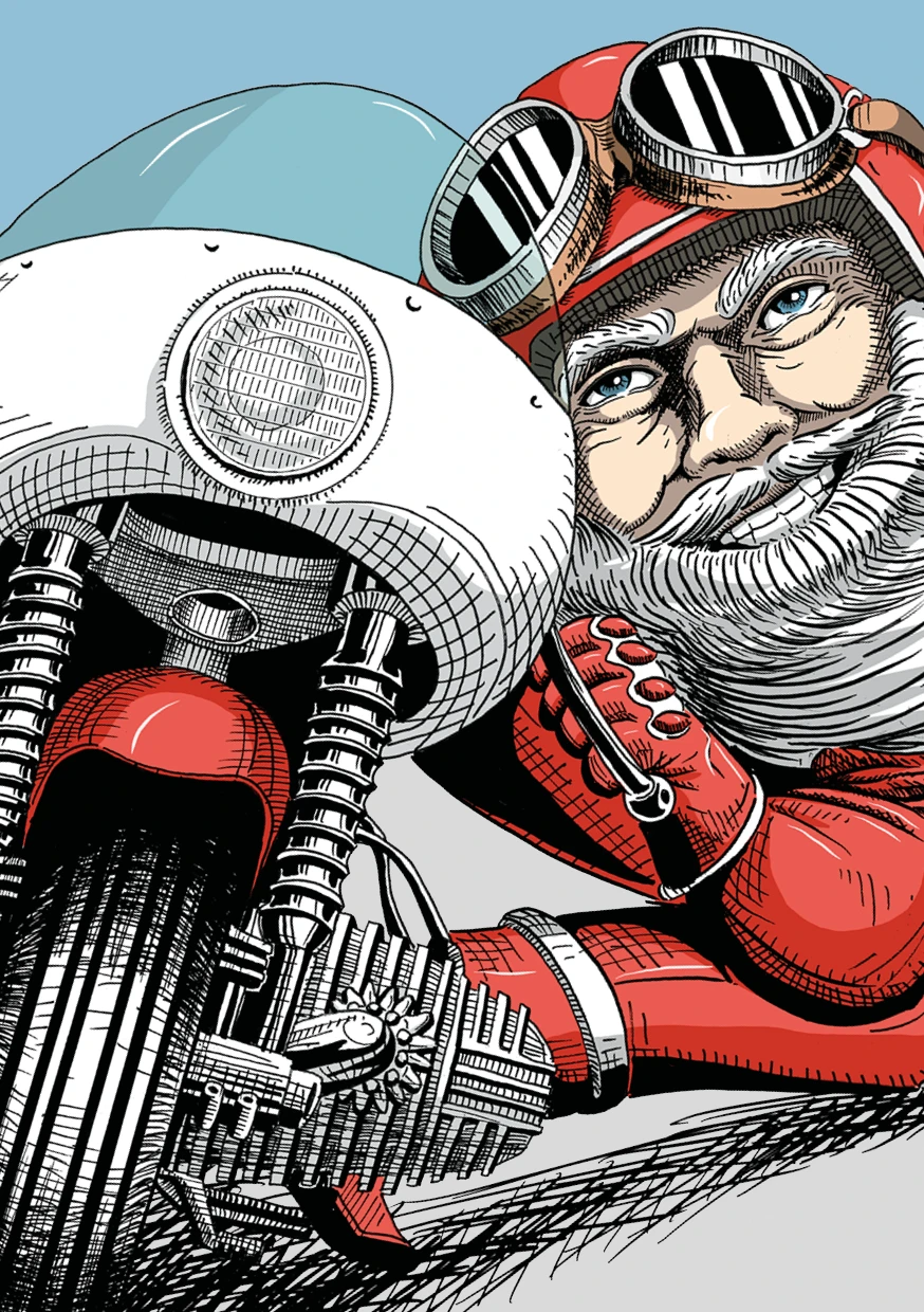 Funny Santa Claus on a Bike. Illustriert mit Bleistift und Tusche von Lockedesign, Bern