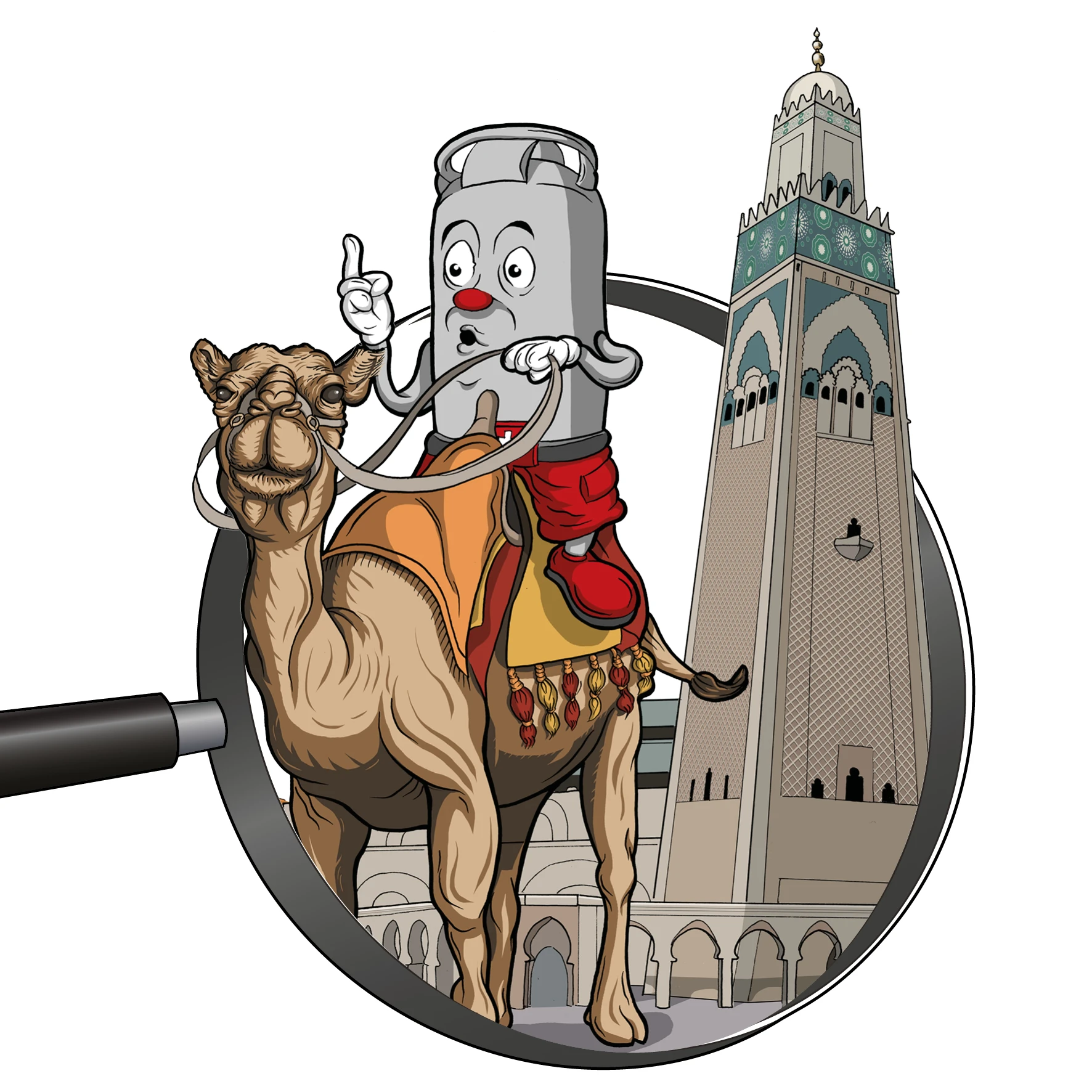 Zeichnung / Illustration: Viti auf Kamel in Marokko vor dem Turm von Djemaa el Fna