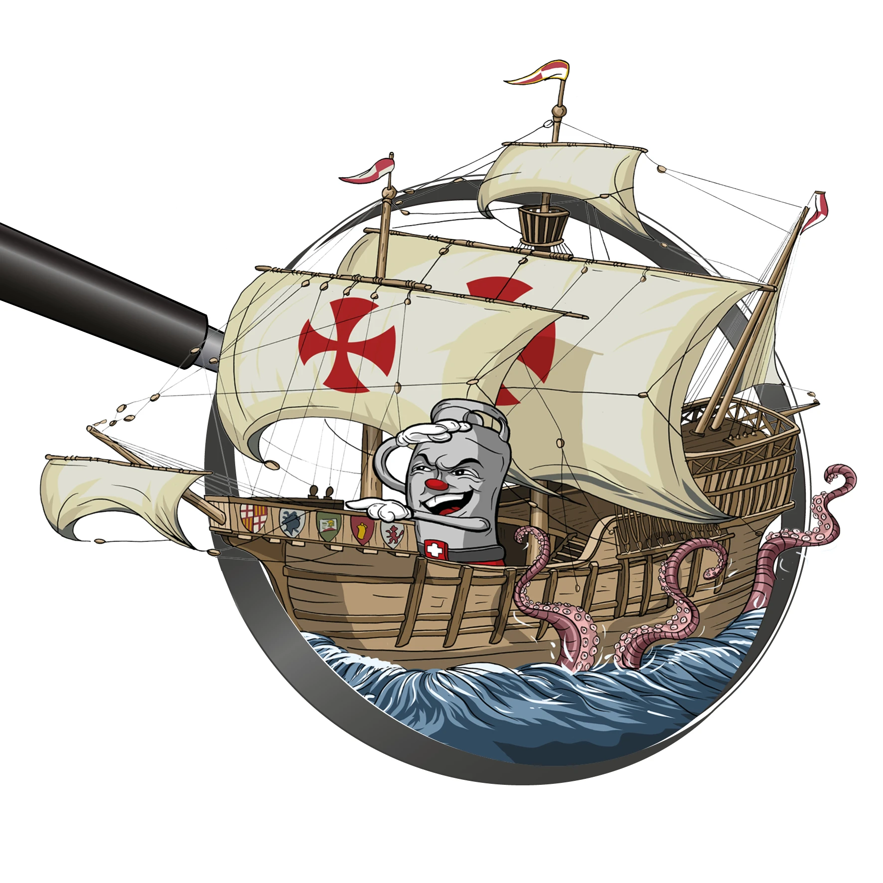 Zeichnung / Illustration: Viti in der Karavelle (Segelschiff von Kolumbus) von Portugal in Richtung Amerika