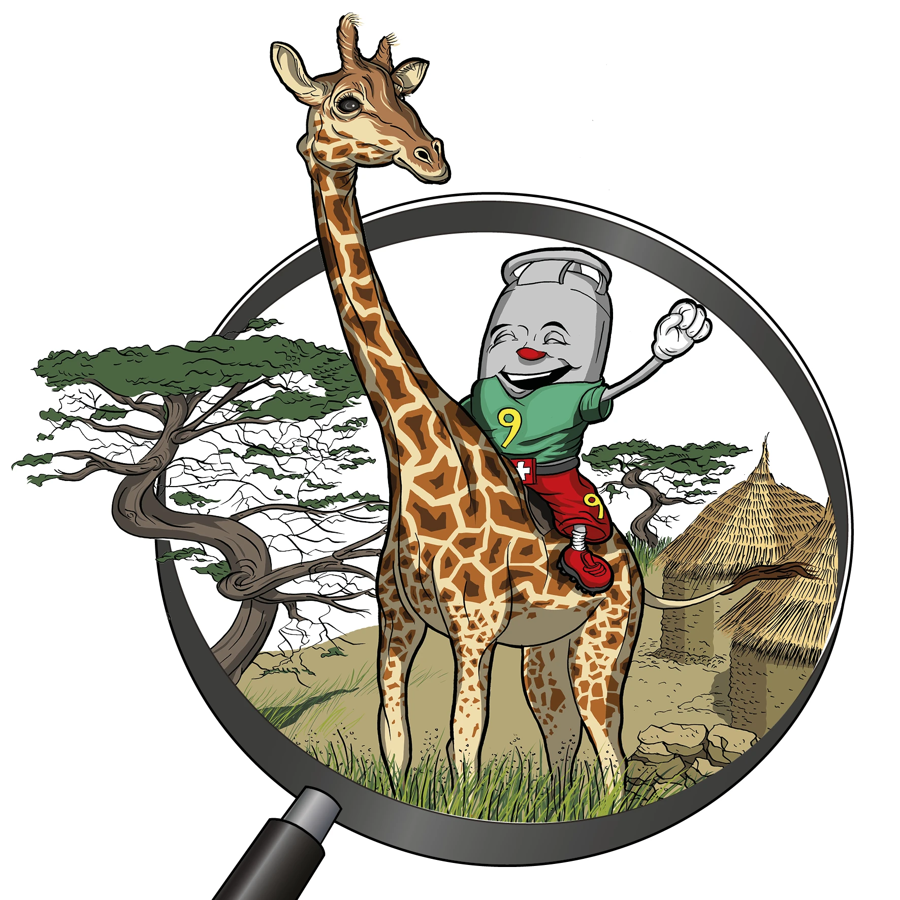 Zeichnung / Illustration: Viti auf Giraffe in Kamerun