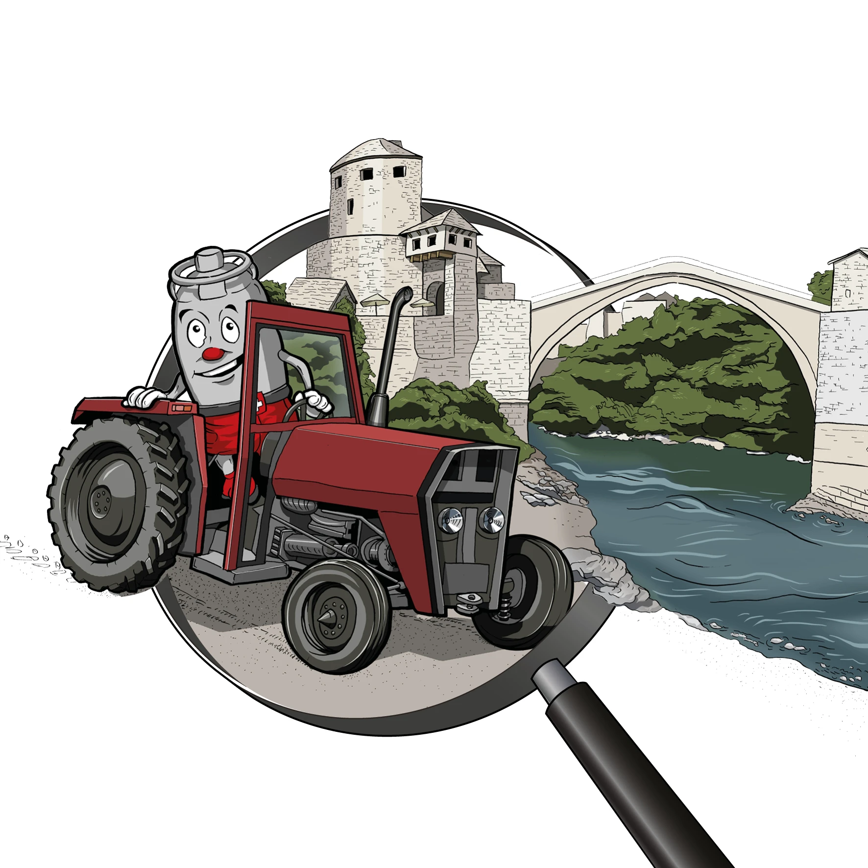 Zeichnung / Illustration: Viti auf einem Traktor vor der Brücke Stari Most in Mostar (Bosnien)